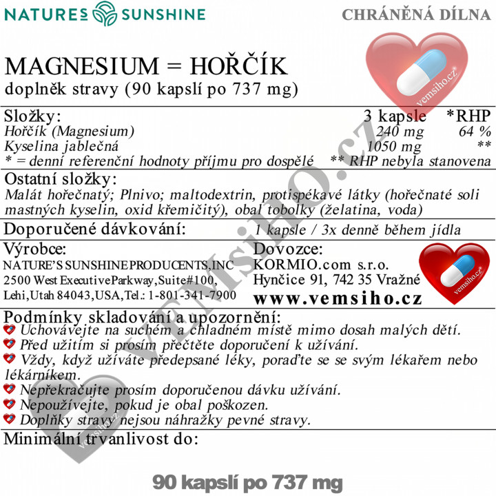 Nature's Sunshine Magnesium | HEALTHY MUSCLES, BONES, TEETH, NERVOUS SYSTEM | 90 capsules of 737 mg ❤ VEMsiHO.cz ❤ 100% Natural food supplements, cosmetics, essential oils