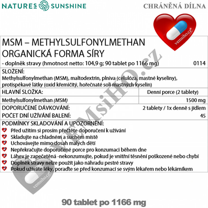 Nature's Sunshine MSM | Metylsulfonylmetan | ORGANICKÁ FORMA SÍRY | 90 tablet po 1166 mg ❤ VEMsiHO.cz ❤ 100% Přírodní doplňky stravy, kosmetika, esenciální oleje