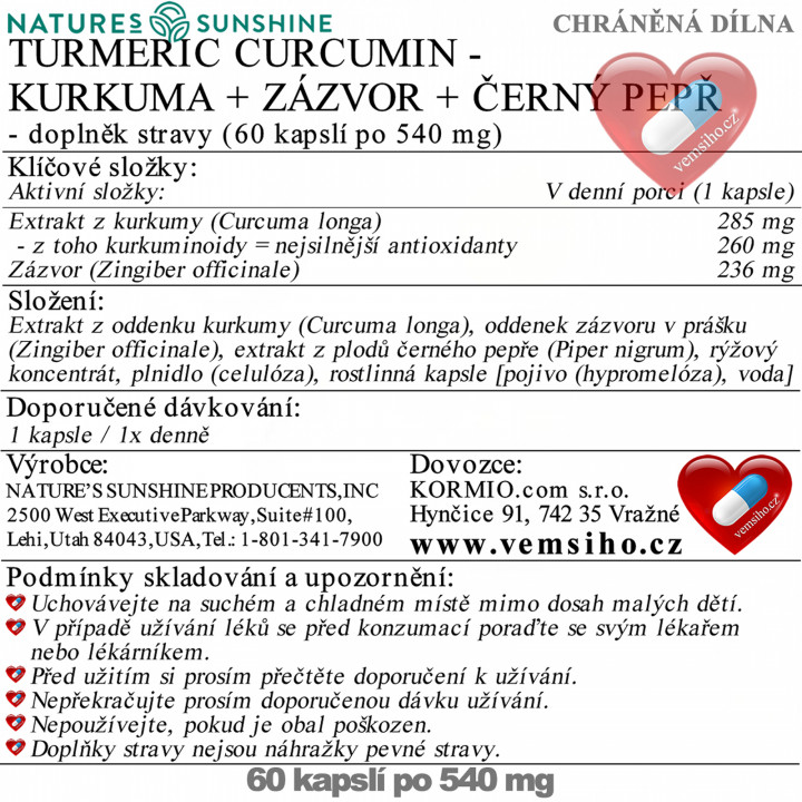 Nature's Sunshine TURMERIC CURCUMIN | Kurkuma Kurkumín | NAJSILNEJŠÍ ANTIOXIDANT | 60 kapsúl po 540 mg ❤ VEMsiHO.cz ❤ 100% Prírodné doplnky stravy, kozmetika, esenciálne oleje