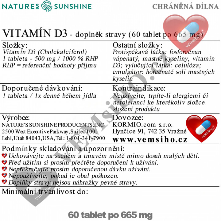 Nature's Sunshine Vitamín D3 | PŘI NEDOSTATKU SLUNEČNÍHO SVITU | 60 tablet po 665 mg ❤ VEMsiHO.cz ❤ 100% Přírodní doplňky stravy, kosmetika, esenciální oleje