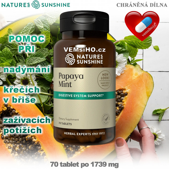 Nature's Sunshine PAPAYA MINT | Carica papaya - Mentha piperita | EFFICIENT DIGESTION | 70 tablets of 1739 mg ❤ VEMsiHO.cz ❤ 100% Natural food supplements, cosmetics, essential oils