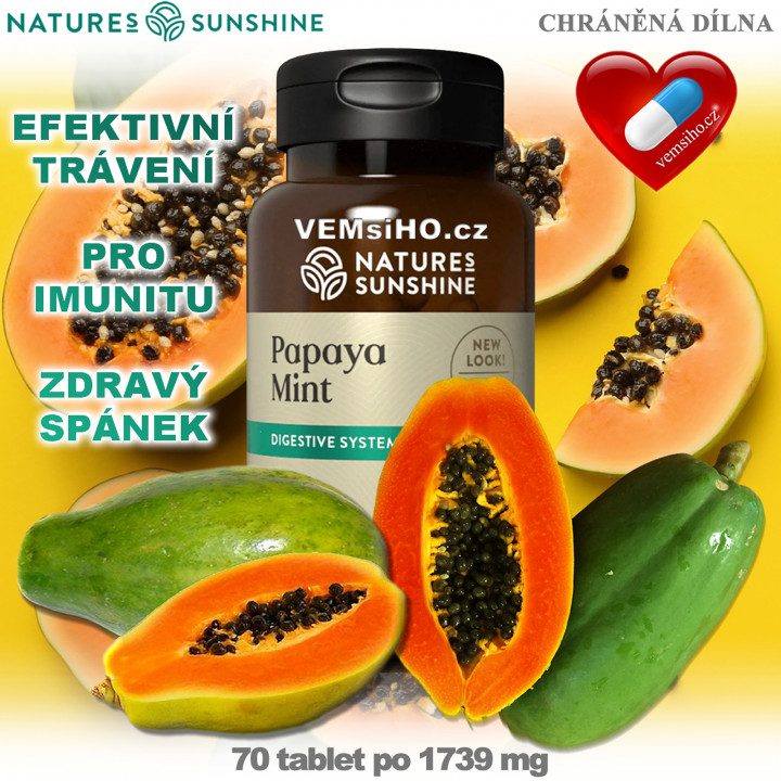 Nature's Sunshine PAPAYA MINT | Carica papaya - Mentha piperita | EFFICIENT DIGESTION | 70 tablets of 1739 mg ❤ VEMsiHO.cz ❤ 100% Natural food supplements, cosmetics, essential oils