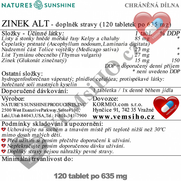 Nature's Sunshine Zinc ALT | Zincum | HEALTHY SKIN, HAIR, NAILS, BONES | 120 tablets of 635 mg ❤ VEMsiHO.cz ❤ 100% Natural food supplements, cosmetics, essential oils