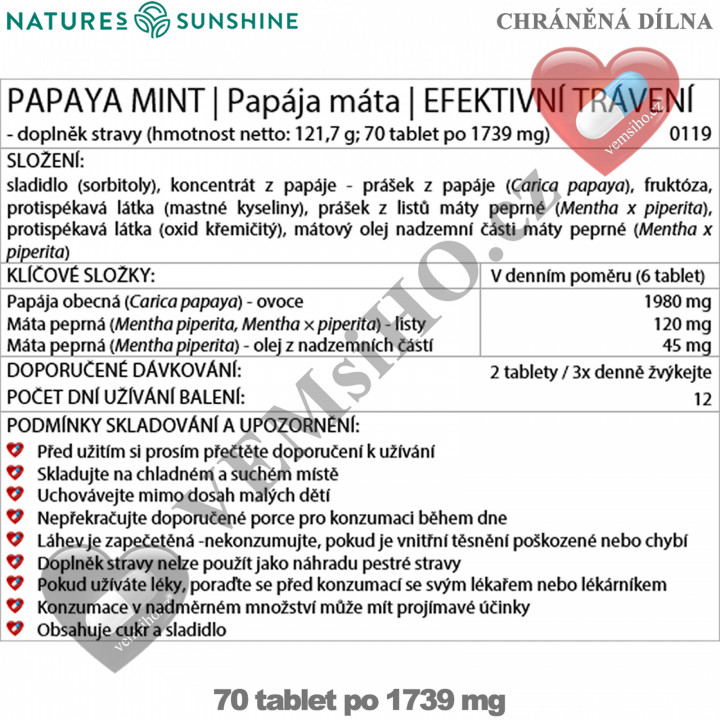 Nature's Sunshine PAPAYA MINT | Carica papaya - Mentha piperita | EFFICIENT DIGESTION | 70 tablets of 1739 mg ❤ VEMsiHO.cz ❤ 100% Natural food supplements, cosmetics, essential oils