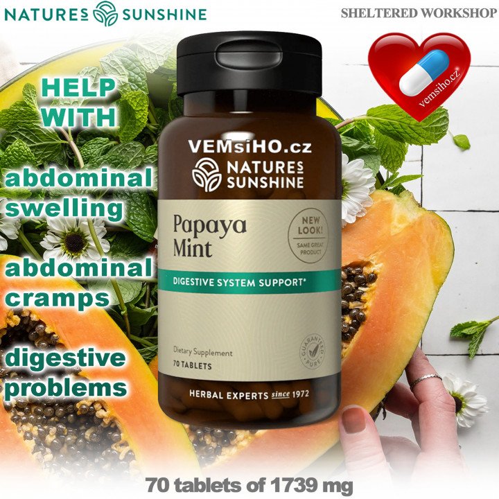 Nature's Sunshine PAPAYA MINT | Carica papaya - Mentha piperita | EFFICIENT DIGESTION | 70 tablets of 1739 mg ❤ VEMsiHO.cz ❤ 100% Natural food supplements, cosmetics, essential oils