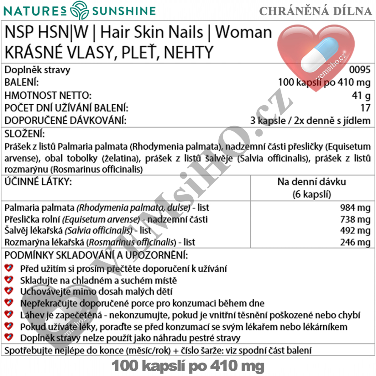 Nature's Sunshine HSN|W | Hair Skin Nails | Woman | KRÁSNÉ VLASY, PLEŤ, NEHTY | 100 kapslí po 410 mg ❤ VEMsiHO.cz ❤ 100% Přírodní doplňky stravy, kosmetika, esenciální oleje