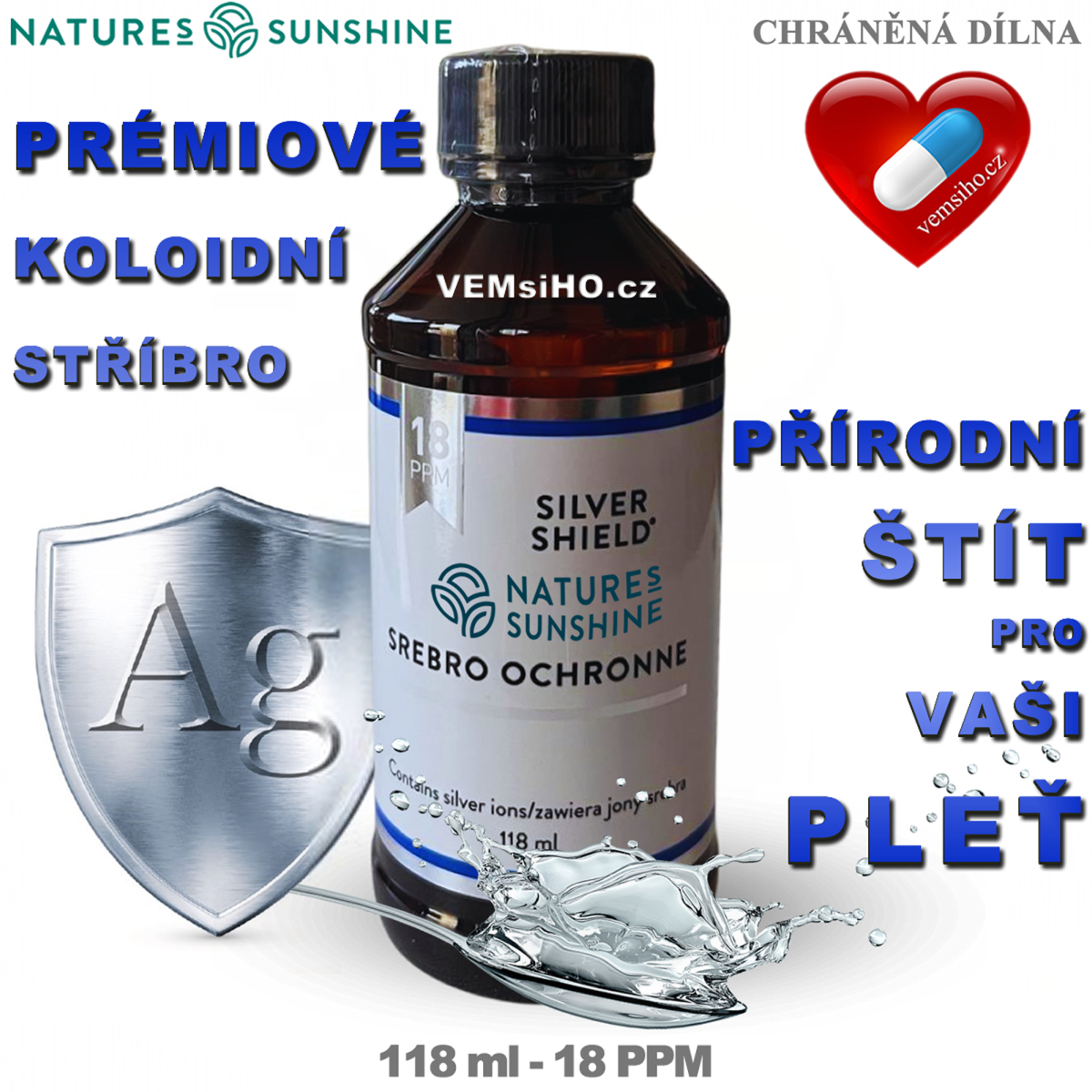 Nature's Sunshine SILVER SHIELD | Koloidní stříbro | PŘÍRODNÍ PODPORA IMUNITY | 118 ml - 18 PPM ❤ VEMsiHO.cz ❤ 100% Přírodní doplňky stravy, kosmetika, esenciální oleje
