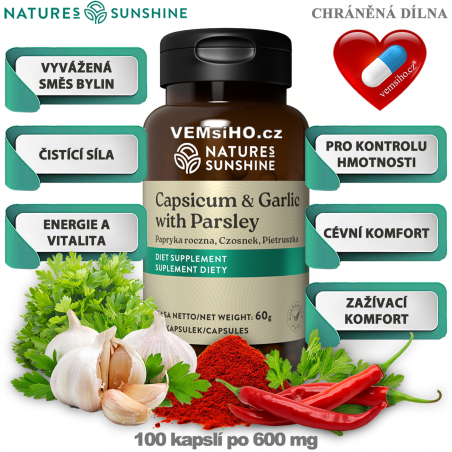 Nature's Sunshine CAPSICUM & GARLIC WITH PARSLEY | Kajenský pepř + Česnek + Petržel nať | 100 kapslí po 600 mg ❤ VEMsiHO.cz ❤ 100% Přírodní doplňky stravy, kosmetika, esenciální oleje