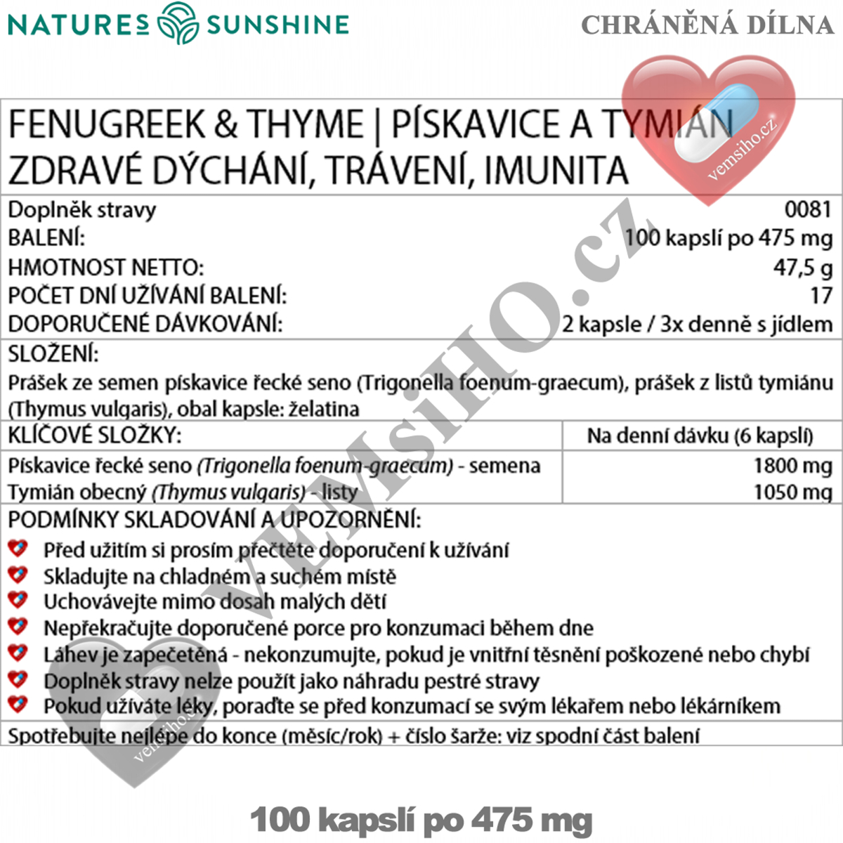 Nature's Sunshine Fenugreek & Thyme | HEALTHY BREATHING, DIGESTION, IMMUNITY | 100 capsules of 475 mg ❤ VEMsiHO.cz ❤ 100% Natural food supplements, cosmetics, essential oils