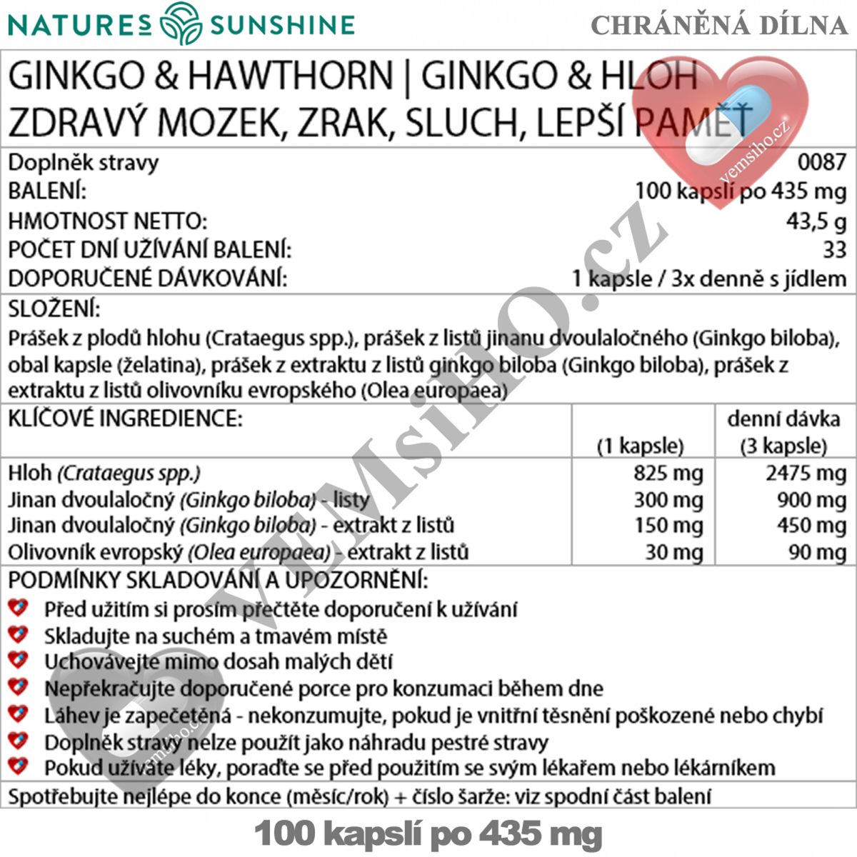 Nature's Sunshine Ginkgo & Hawthorn | ZDRAVÝ MOZOG, ZRAK, SLÚCH, LEPŠIA PAMÄŤ | 100 kapsúl po 435 g ❤ VEMsiHO.cz ❤ 100% Prírodné doplnky stravy, kozmetika, esenciálne oleje