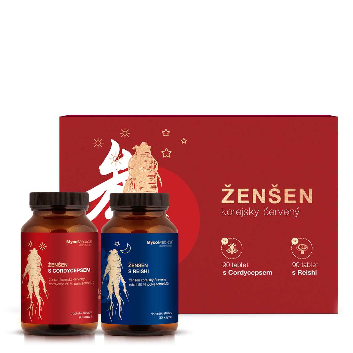 MycoMedica Ženšen&Reishi + Ženšen&Cordyceps | ≥50/✓/x % | 2x90 kapslí