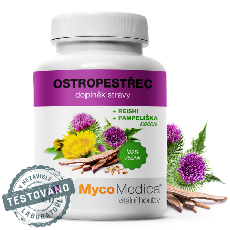MycoMedica Pestrec mariánsky | ≥30/x/4 % | PEČEŇ + TRÁVENIE + DETOXIKÁCIA | 90 kapsúl