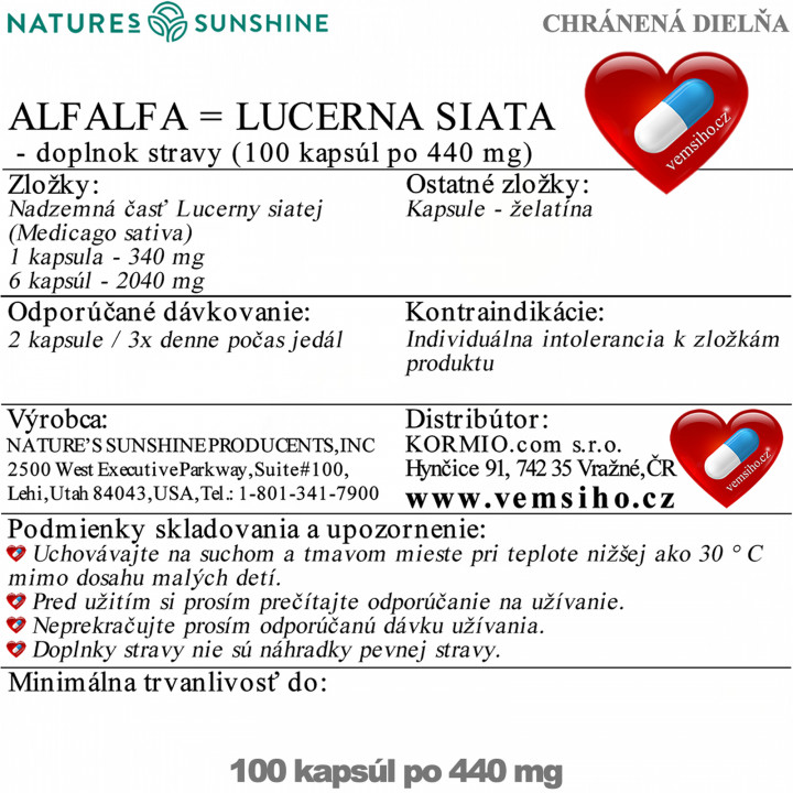 Nature's Sunshine ALFALFA | Lucerna siata | BOHATÝ ZDROJ ŽIVÍN | 100 kapsúl po 440 mg ❤ VEMsiHO.cz ❤ 100% Prírodné doplnky stravy, kozmetika, esenciálne oleje