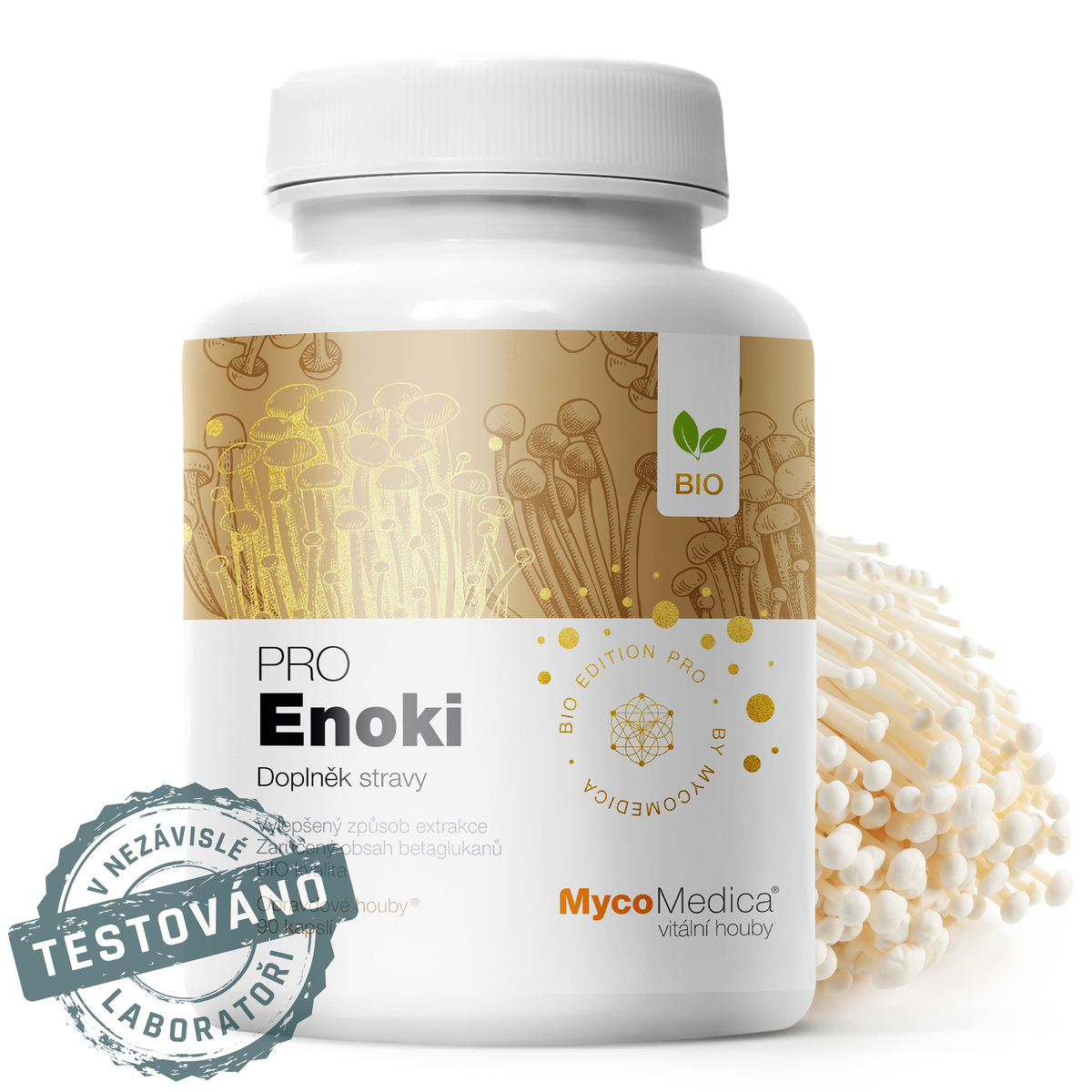 MycoMedica ENOKI PRO | Penízovka sametonohá | Flammulina velutipes | BIO | ≥30/30/✓ % | 90 kapslí