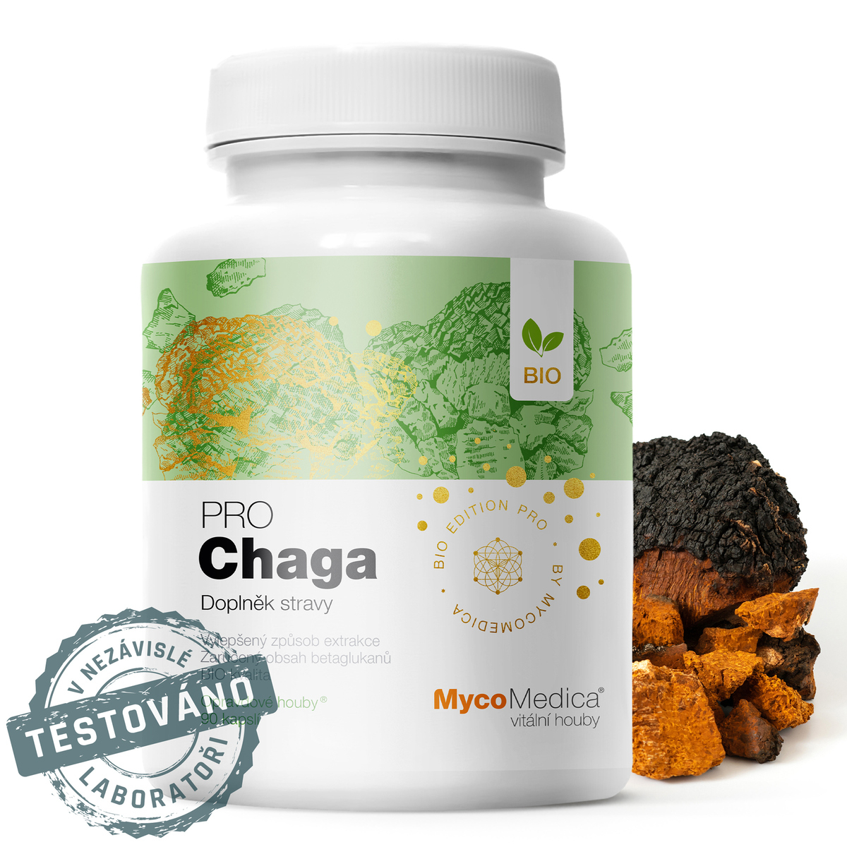MycoMedica CHAGA PRO | Ryšavec šikmý | Čaga sibírska | Inonotus obliquus | BIO | ≥34/34/✓ % | 90 kapsúl