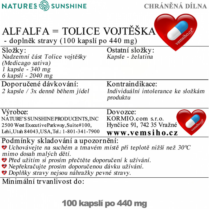 Nature's Sunshine ALFALFA | Lucerna siata | BOHATÝ ZDROJ ŽIVÍN | 100 kapsúl po 440 mg ❤ VEMsiHO.cz ❤ 100% Prírodné doplnky stravy, kozmetika, esenciálne oleje