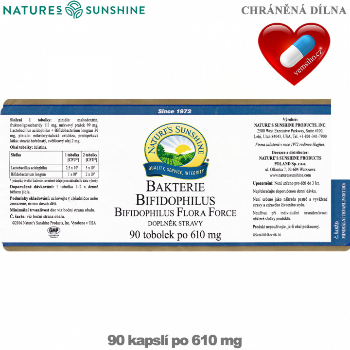 Nature's Sunshine Baktérie Bifidophilus Flora Force | ZDRAVÉ STREVA, TRÁVENIE | 90 kapsúl po 610 mg ❤ VEMsiHO.cz ❤ 100% Prírodné doplnky stravy, kozmetika, esenciálne oleje