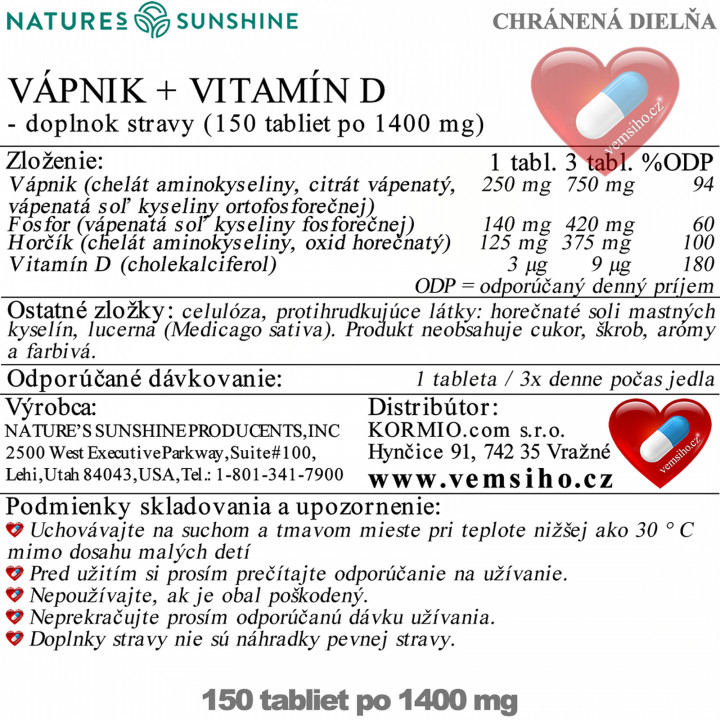 Nature's Sunshine CALCIUM PLUS VITAMÍN D | Vápnik + Vitamín D | ZDRAVÉ KOSTI | 150 tabliet po 1400 mg ❤ VEMsiHO.cz ❤ 100% Prírodné doplnky stravy, kozmetika, esenciálne oleje