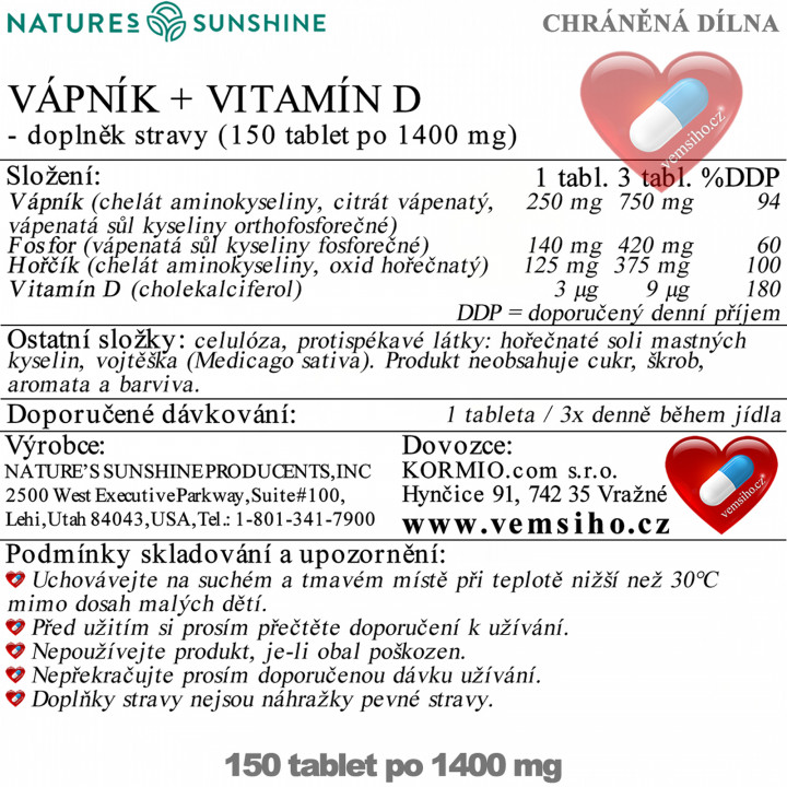 Nature's Sunshine CALCIUM PLUS VITAMIN D | Vápník + Vitamín D | ZDRAVÉ KOSTI | 150 tablet po 1400 mg ❤ VEMsiHO.cz ❤ 100% Přírodní doplňky stravy, kosmetika, esenciální oleje