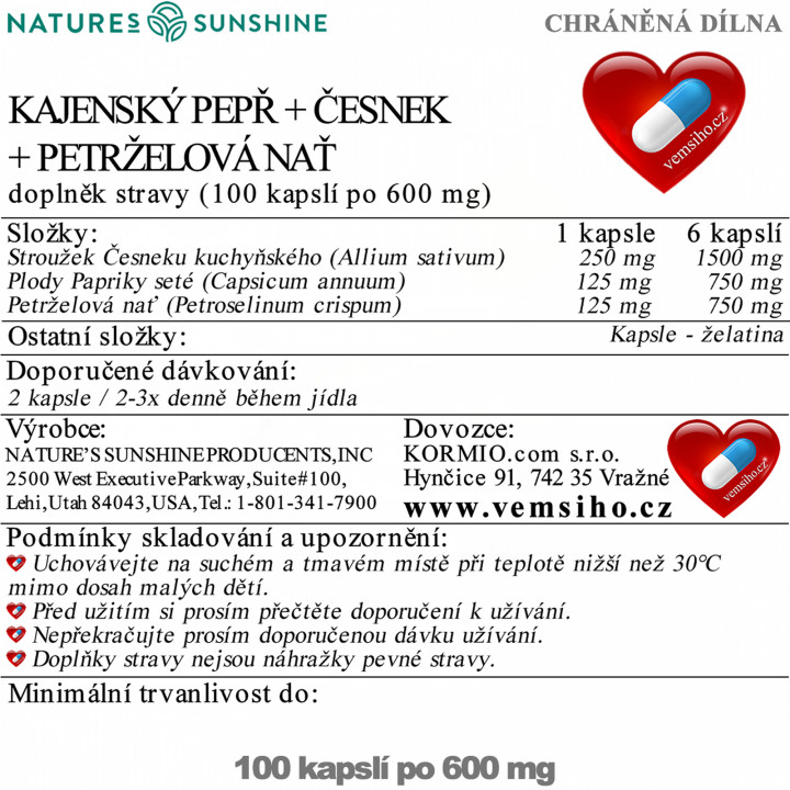 Nature's Sunshine CAPSICUM & GARLIC WITH PARSLEY | Kajenské korenie + Cesnak + Petržlen vňať | 100 kapsúl po 600 mg ❤ VEMsiHO.cz ❤ 100% Prírodné doplnky stravy, kozmetika, esenciálne oleje