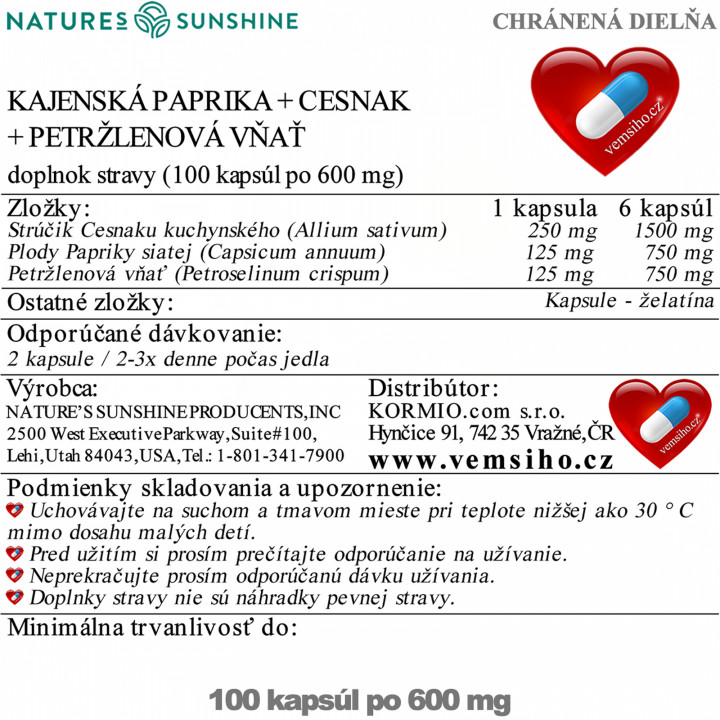 Nature's Sunshine CAPSICUM & GARLIC WITH PARSLEY | Kajenské korenie + Cesnak + Petržlen vňať | 100 kapsúl po 600 mg ❤ VEMsiHO.cz ❤ 100% Prírodné doplnky stravy, kozmetika, esenciálne oleje