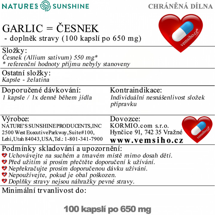 Nature's Sunshine GARLIC | Allium sativum | IMMUNITY SUPPORT | 100 capsules of 650 mg ❤ VEMsiHO.cz ❤ 100% Natural food supplements, cosmetics, essential oils