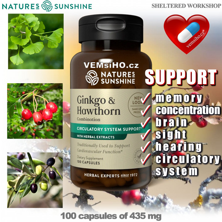 Nature's Sunshine Ginkgo & Hawthorn | HEALTHY BRAIN, SIGHT, HEARING, BETTER MEMORY | 100 capsules of 435 mg ❤ VEMsiHO.cz ❤ 100% Natural food supplements, cosmetics, essential oils