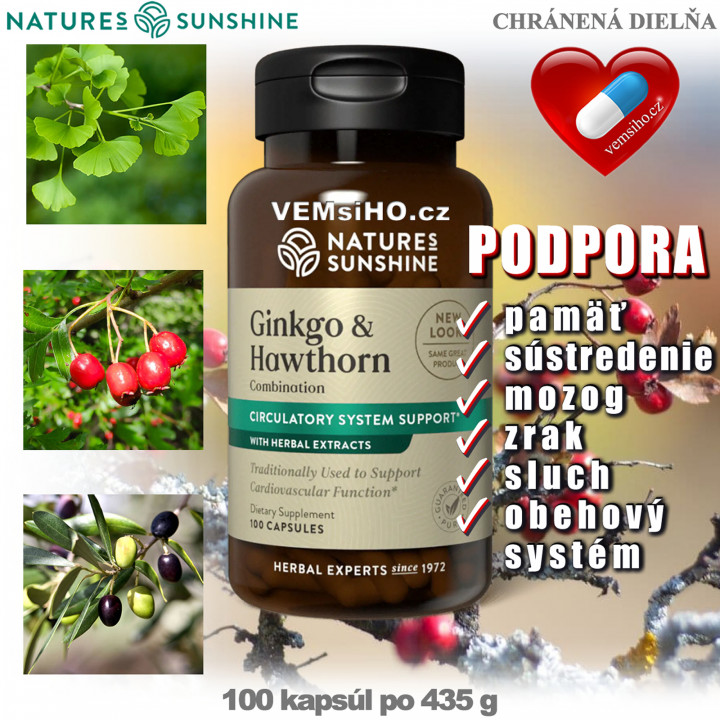 Nature's Sunshine Ginkgo & Hawthorn | ZDRAVÝ MOZEK, ZRAK, SLUCH, LEPŠÍ PAMĚŤ | 100 kapslí po 435 mg ❤ VEMsiHO.cz ❤ 100% Přírodní doplňky stravy, kosmetika, esenciální oleje