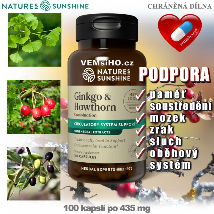 Nature's Sunshine Ginkgo & Hawthorn | ZDRAVÝ MOZEK, ZRAK, SLUCH, LEPŠÍ PAMĚŤ | 100 kapslí po 435 mg ❤ VEMsiHO.cz ❤ 100% Přírodní doplňky stravy, kosmetika, esenciální oleje