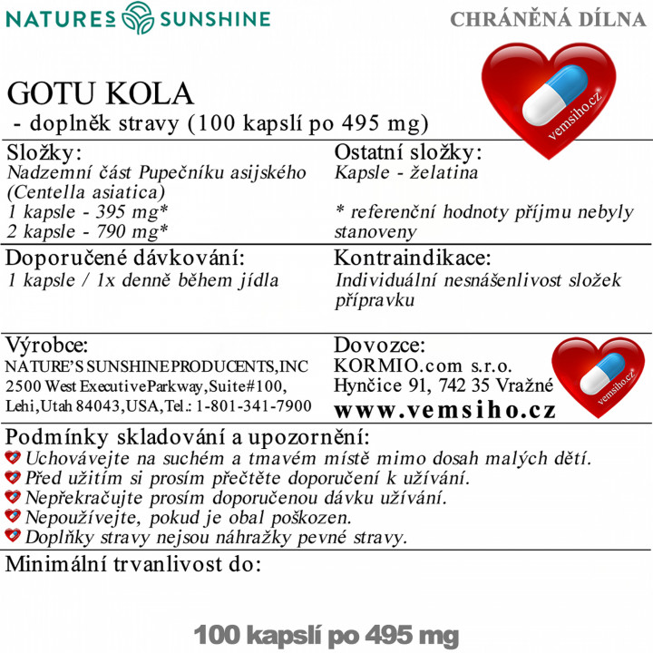 Nature's Sunshine Gotu Kola | Centella asiatica | BETTER MEMORY, HEALTHY BRAIN, BLOOD CIRCULATION | 100 capsules of 495 mg ❤ VEMsiHO.cz ❤ 100% Natural food supplements, cosmetics, essential oils