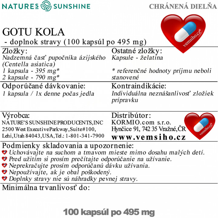 Nature's Sunshine GOTU KOLA | Pupečník asijský | LEPŠÍ PAMĚŤ, ZDRAVÝ MOZEK, KREVNÍ OBĚH | 100 kapslí po 495 mg ❤ VEMsiHO.cz ❤ 100% Přírodní doplňky stravy, kosmetika, esenciální oleje