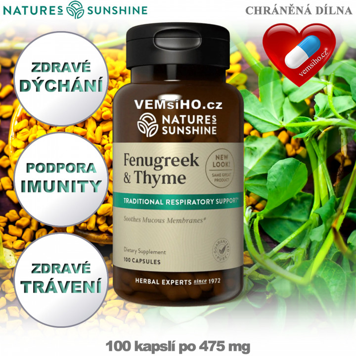 Nature's Sunshine Fenugreek & Thyme | Pískavica a tymian | ZDRAVÉ DÝCHANIE, TRÁVENIE, IMUNITA | 100 kapsúl po 475 mg ❤ VEMsiHO.cz ❤ 100% Prírodné doplnky stravy, kozmetika, esenciálne oleje