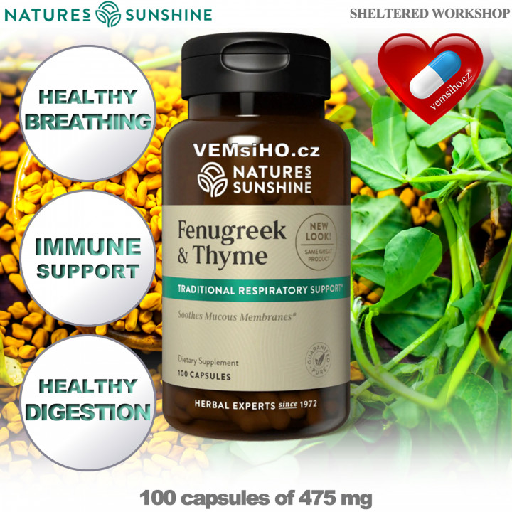 Nature's Sunshine Fenugreek & Thyme | HEALTHY BREATHING, DIGESTION, IMMUNITY | 100 capsules of 475 mg ❤ VEMsiHO.cz ❤ 100% Natural food supplements, cosmetics, essential oils