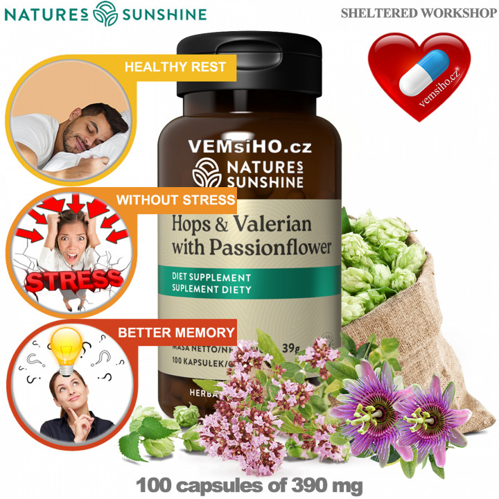 Nature's Sunshine Hops and Valerian with Passionflower | HEALTHY SLEEP | 100 capsules of 390 mg ❤ VEMsiHO.cz ❤ 100% Natural food supplements, cosmetics, essential oils