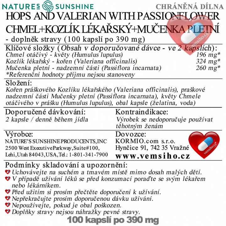 Nature's Sunshine Hops and Valerian with Passionflower | HEALTHY SLEEP | 100 capsules of 390 mg ❤ VEMsiHO.cz ❤ 100% Natural food supplements, cosmetics, essential oils