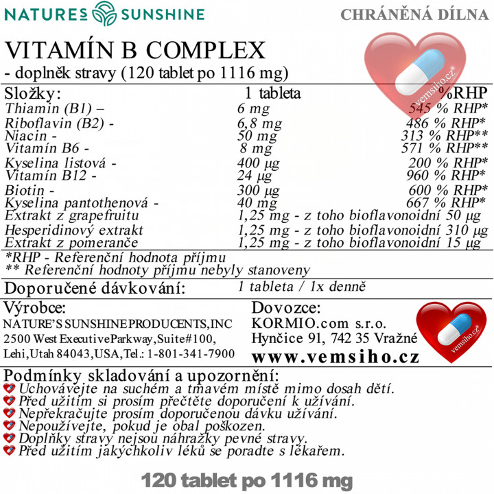 Nature's Sunshine Vitamín B Komplex | ZDRAVÁ POKOŽKA, DOBRÝ ZRAK | 120 tablet po 1116 mg ❤ VEMsiHO.cz ❤ 100% Přírodní doplňky stravy, kosmetika, esenciální oleje