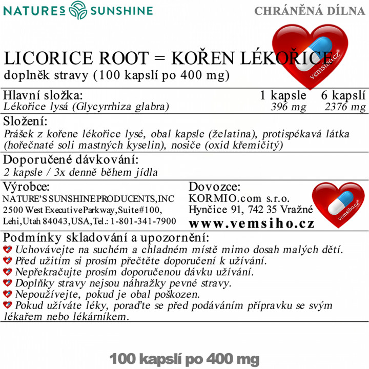 Nature's Sunshine Licorice root | Glycyrrhiza glabra | IMMUNITY SUPPORT | 100 capsules of 400 mg ❤ VEMsiHO.cz ❤ 100% Natural food supplements, cosmetics, essential oils