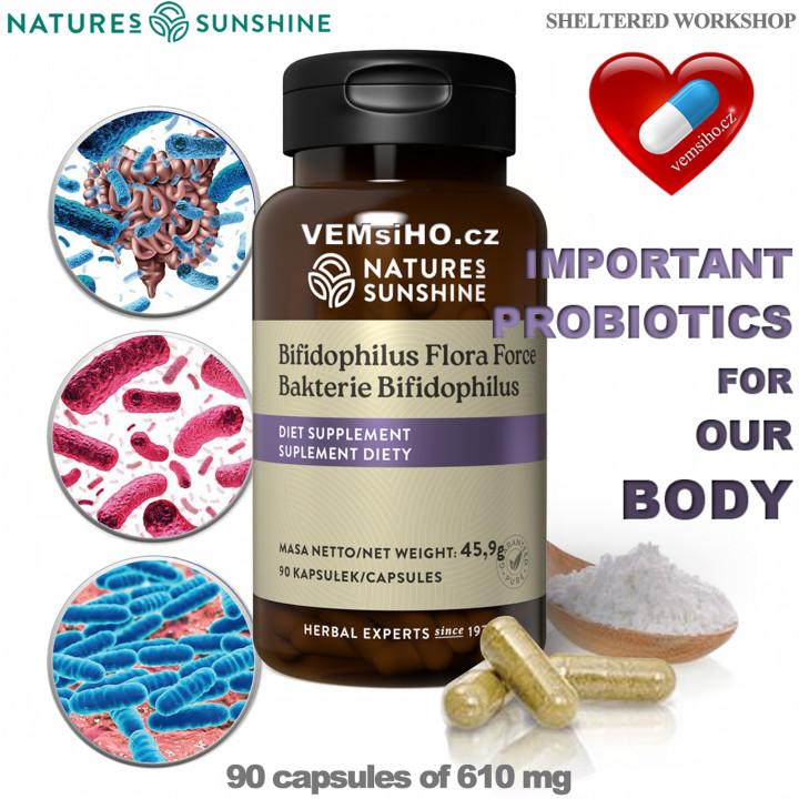 Nature's Sunshine Bakterie Bifidophilus Flora Force | ZDRAVÁ STŘEVA, TRÁVENÍ | 90 kapslí po 610 mg ❤ VEMsiHO.cz ❤ 100% Přírodní doplňky stravy, kosmetika, esenciální oleje