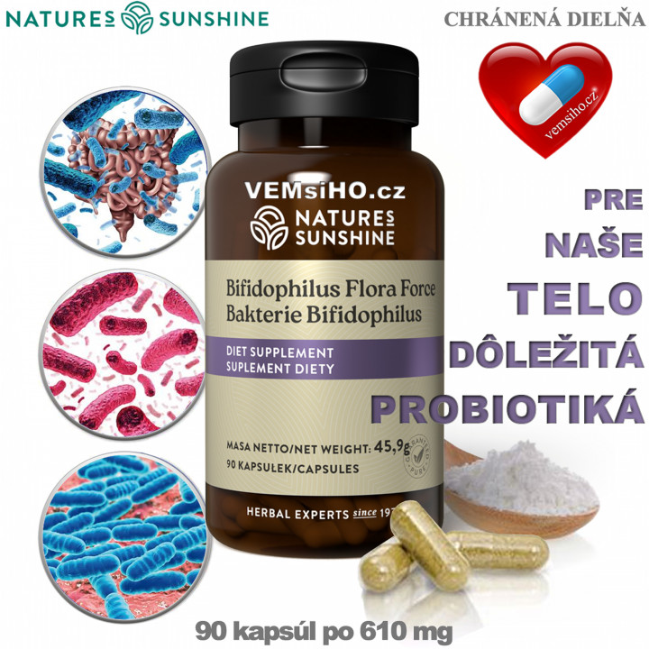 Nature's Sunshine Baktérie Bifidophilus Flora Force | ZDRAVÉ STREVA, TRÁVENIE | 90 kapsúl po 610 mg ❤ VEMsiHO.cz ❤ 100% Prírodné doplnky stravy, kozmetika, esenciálne oleje