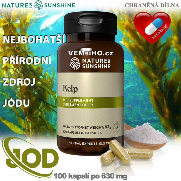 Nature's Sunshine KELP | Hnědá mořská řasa | PŘÍRODNÍ ZDROJ JÓDU | 100 kapslí po 630 mg ❤ VEMsiHO.cz ❤ 100% Přírodní doplňky stravy, kosmetika, esenciální oleje