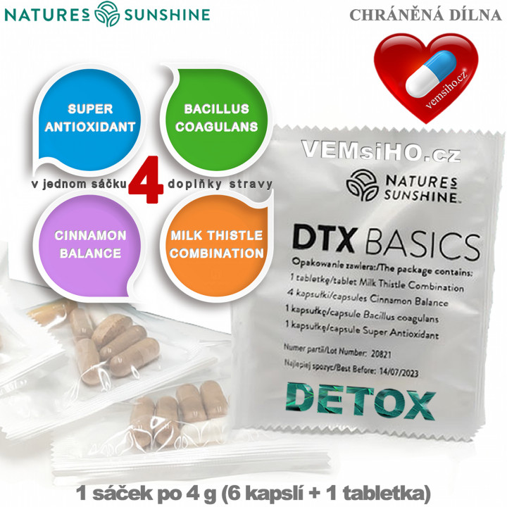 Nature's Sunshine DTX Basics | DETOX | 1 sáček po 4 g (6 kapslí + 1 tabletka) ❤ VEMsiHO.cz ❤ 100% Přírodní doplňky stravy, kosmetika, esenciální oleje