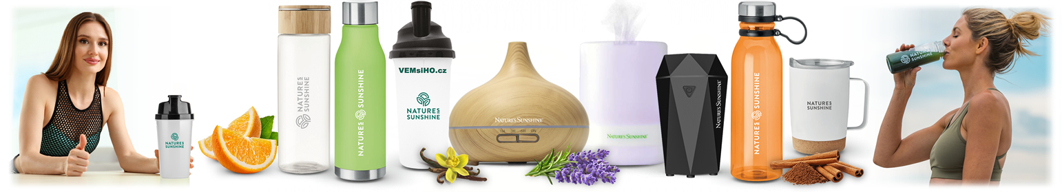 NĚCO NAVÍC OD NATURE'S SUNSHINE® – SHAKER, PLASTOVÉ A SKLENĚNÉ LÁHVE, TERMOHRNEK, DIFUZÉRY